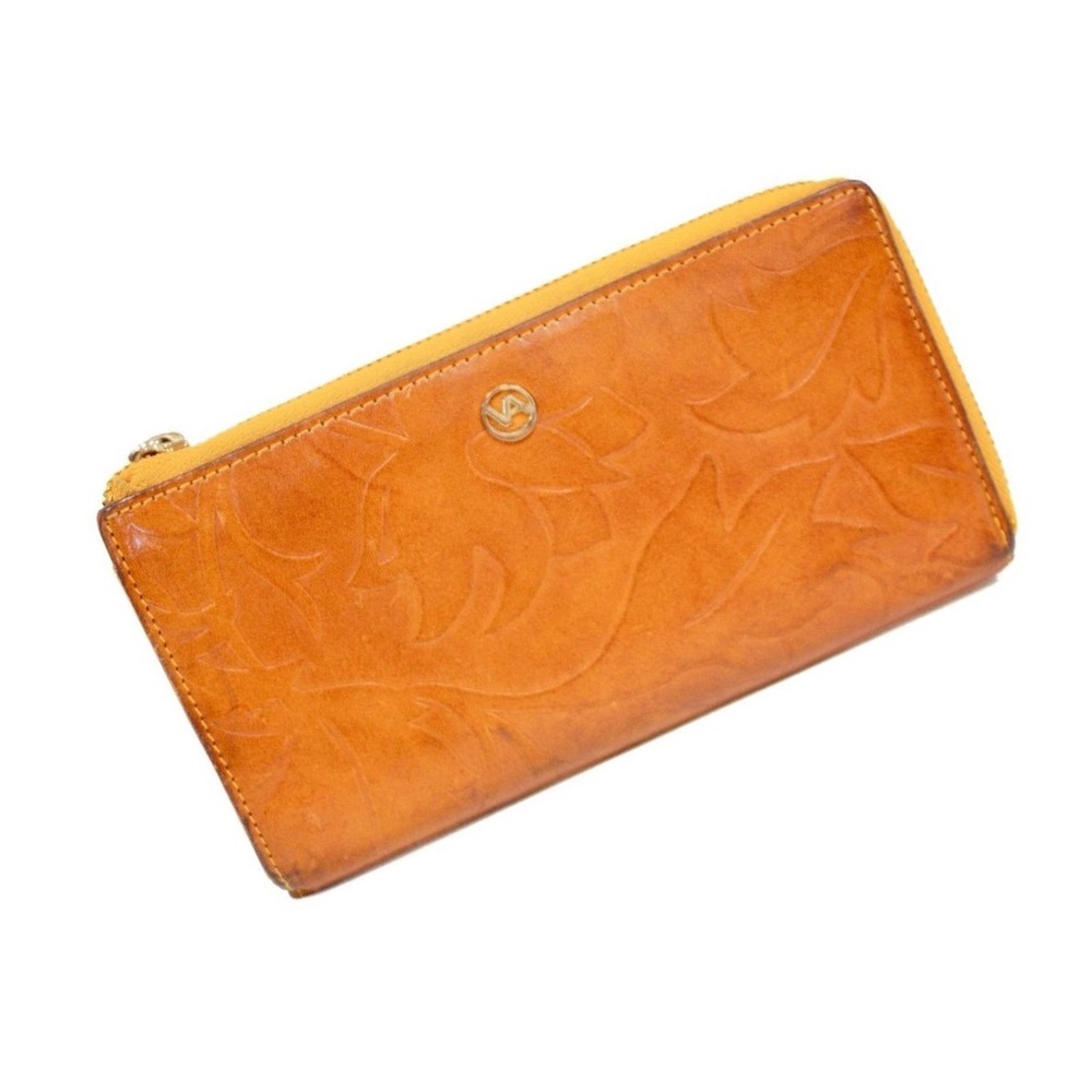 Valentina Italian Tulip Embossed Tan‎ Leather Wallet Corner Zip Gold Hardware